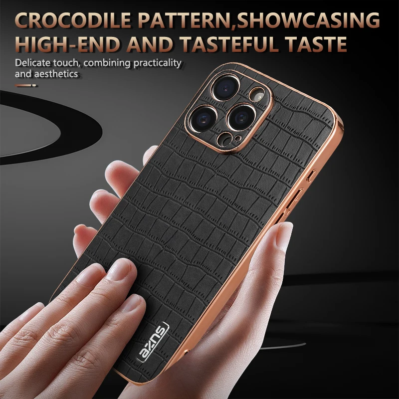 AZNS Luxury 3D Pattern Plating Premium Leather Case for iPhone 15 Pro Max 11 12 13 Pro 14 Plus Stylish Gilded Border Back Cover