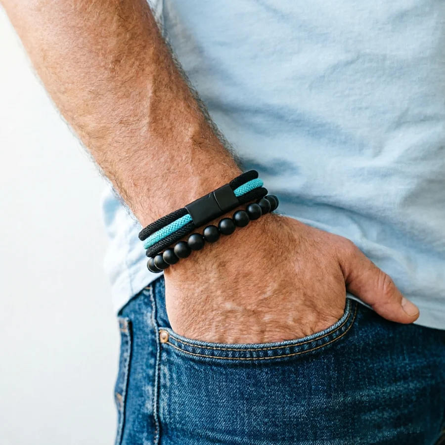 Noter 2-teiliges Herren-Armband-Set, ausgewähltes Premium-Armband mit 4 mm Kordelwicklung, perfektes Geschenk für Ihn, lässiges, vielseitiges Accessoire – Detail 6