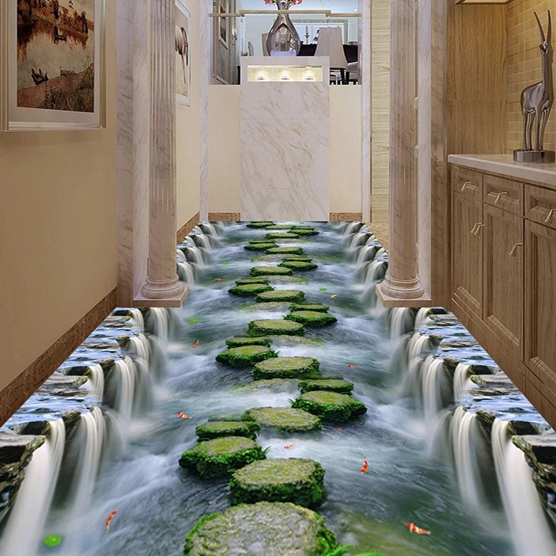 Custom Any Size Photo 3D Floor Mural Self Adhesive Wallpaper Waterfall Creek Bridge Bathroom Kitchen Living Room Walkway Floor