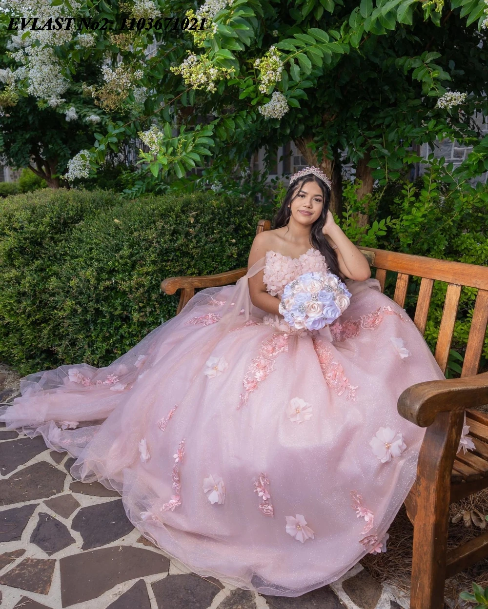 EVLAST индивидуальное розовое платье Quinceanera с цветочным принтом, бальное платье, блестящая аппликация, галстук из бисера, корсет Sweet 16, Vestidos De 15 Anos E2Q06