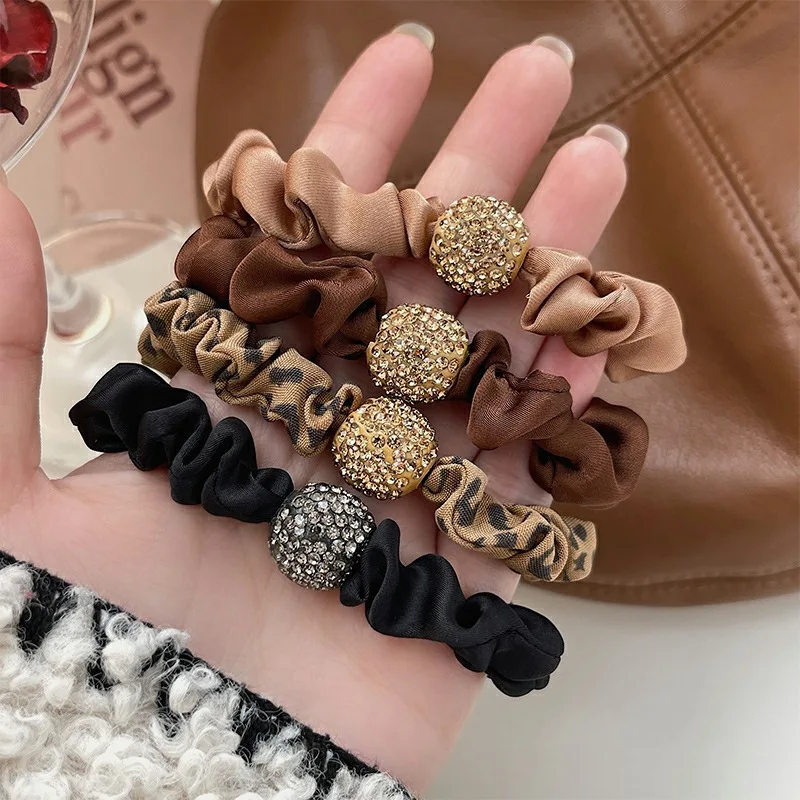 Fashion Crystal Rhinestone Hair Rope Elastic Cloth Leopard Print Large Intestine Hair Ring Women Girl Rough Ponytail Headwear