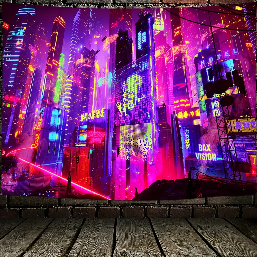 VIKAMA Cyberpunk City Tapestry Retro Futuristic Night View Wall Hanging for Gaming Room Decor