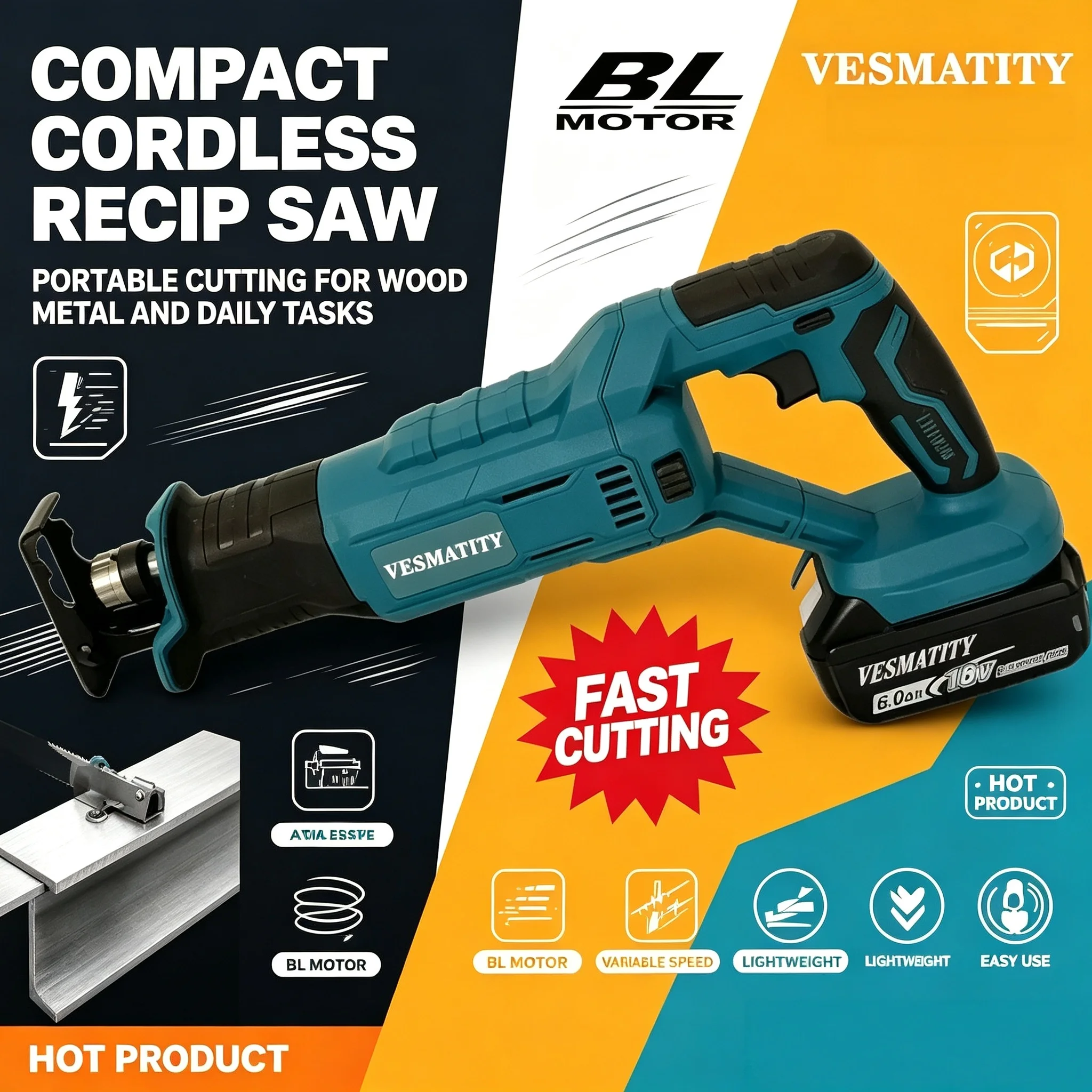 VESMATITY Cordless Reciprocating Saw 1500W 4000mah Battery Metal Wood Cutting Tool Electric Saw For 18V Battery
