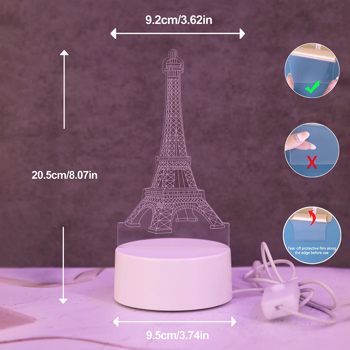 3D monochromatic Eiffel Tower acrylic small night light LED atmosphere decoration night light suitable for bedrooms, study rooms