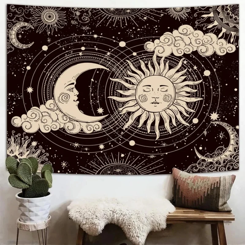 VIKAMA Sun and Moon Tapestry, Black and White Celestial Print Wall Hanging for Bedroom, Living Room, Dorm & Mystical Home Decor