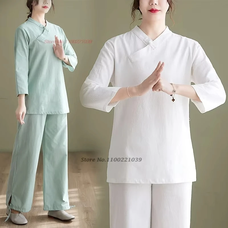 

2025 chinese vintage kung fu tai chi clothing martial arts taijiquan wushu uniform national cotton linen tops+pants sport set
