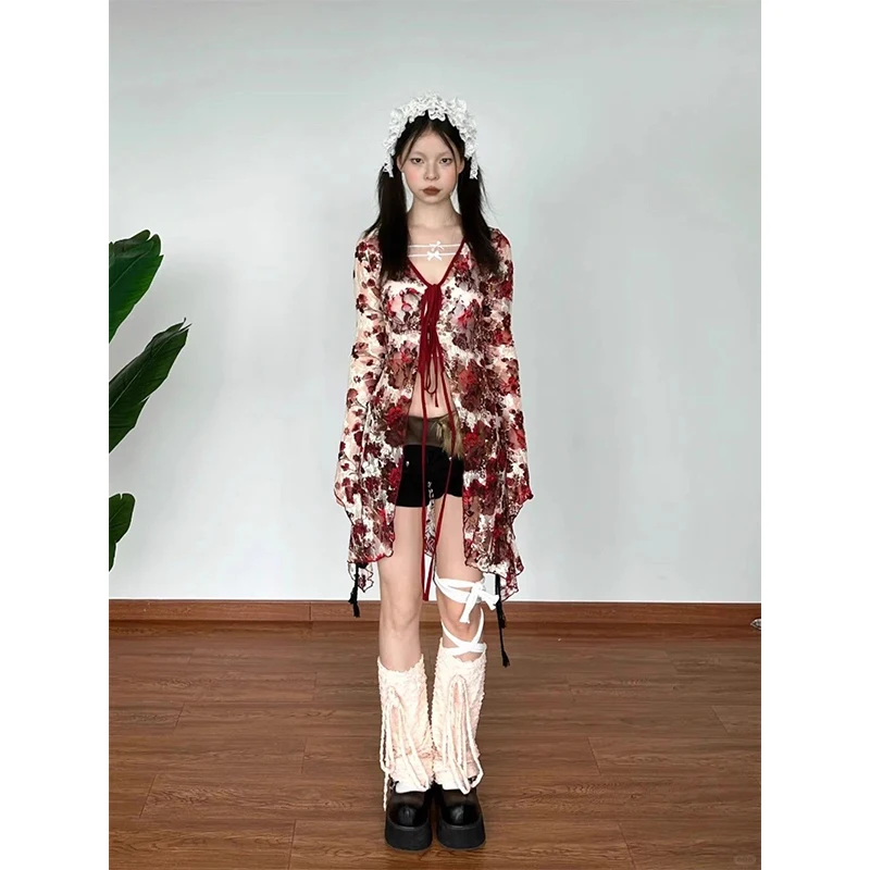 

MEXZT Vintage Floral Shirts Women Y2K Aesthetic Lace Bandage Blouses Summer Harajuku V Neck Print Flare Long Sleeve Slim Tops