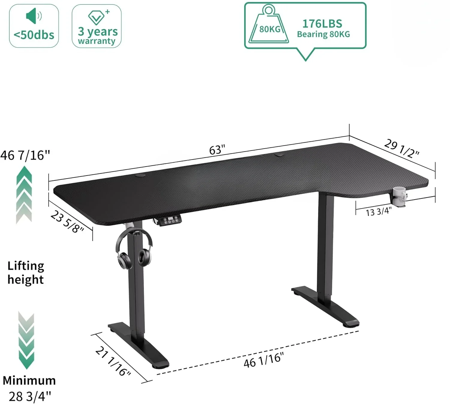 Standing Adjustable Desk, 63 inches L Shaped Electric Standing Gaming Desk with Locking Wheels, Cup Holder, Headphone Hook