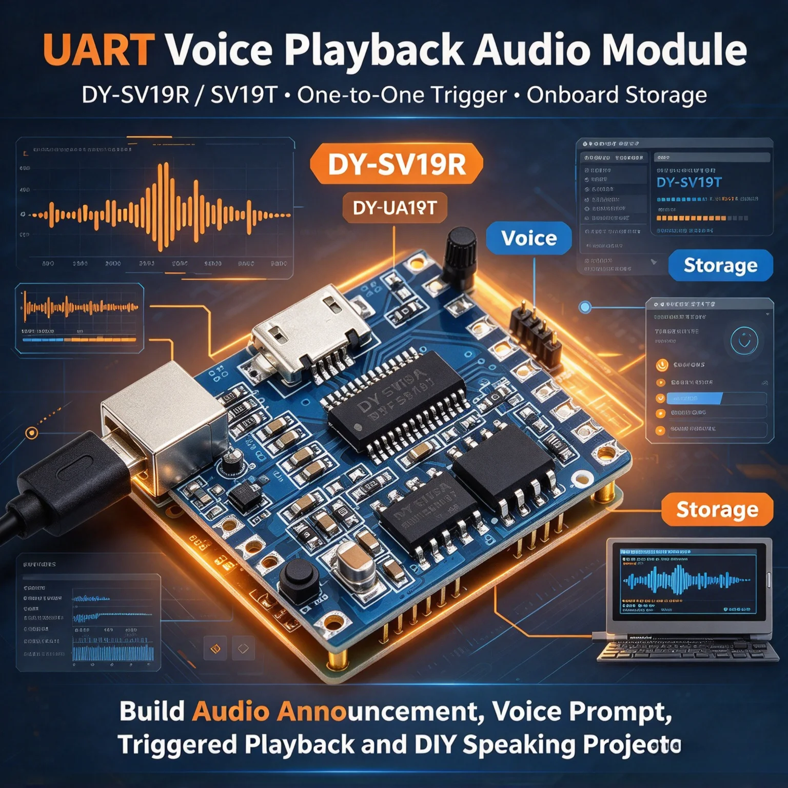 10Pcs DY-SV19R/SV19T Voice Playback Module, UART Serial One-to-One Trigger Onboard Storage