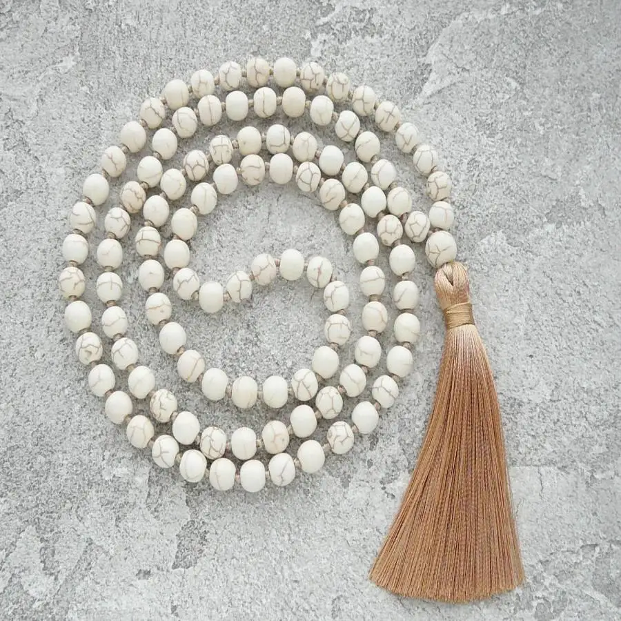 

Natural Howlite 108 Beads Mala Necklace with Brown Tassel Spiritual Meditation Jewelry