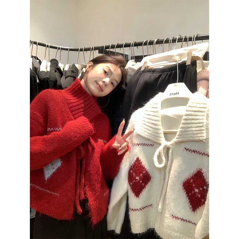 Red Argyle Knitted Cardigan Women Fashion Lace Up White Sweater Outerwears Korean Print Knitwears Winter Long Sleeve Jumpers New