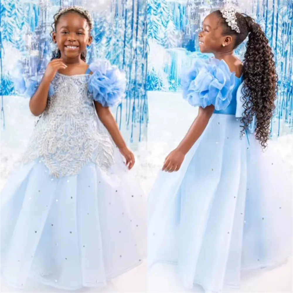 

Customized Sky Blue Flower Girl Wedding Dress Appliques Beading Sequins Tiered Bow Girls Princess Birthday Party Pageant Gown