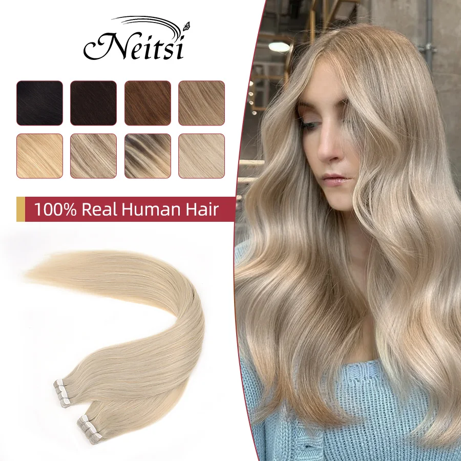 Neitsi Real Tape Ins Hair Extensions Natural Adhesive Human Hair Straight 12