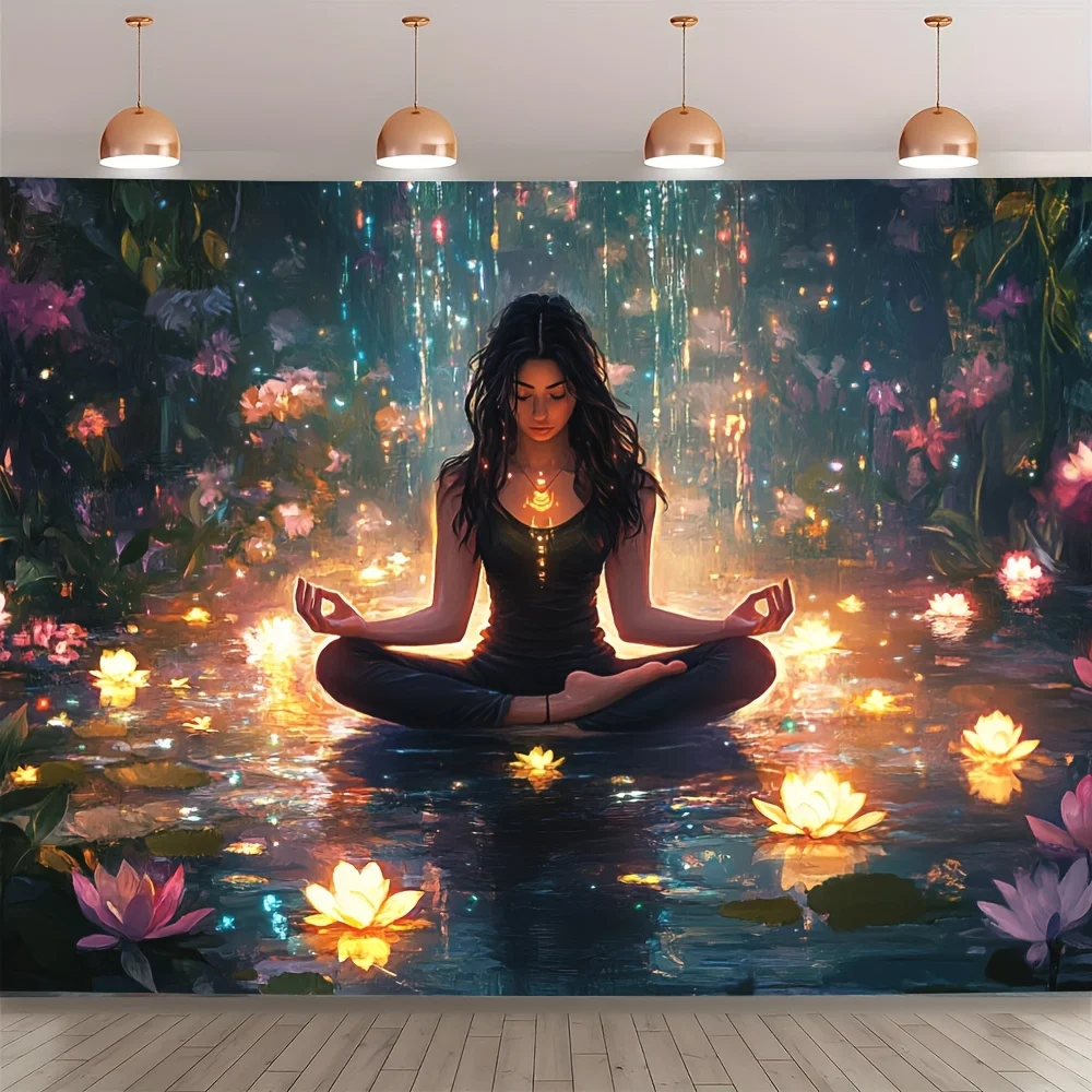 Meditation Woman Lotus Flower Tapestry Spiritual Art Yoga Decor Glow In Dark Water Scene Boho Wall Hanging Living Room Print