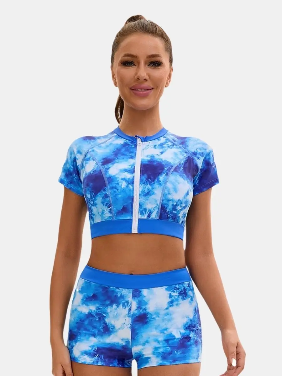 

Short Sleeve Front Zip High Neck Bathing Suit Open Back Professional Training Swimwear Athletic Two-piece Women Sports Swimsuit