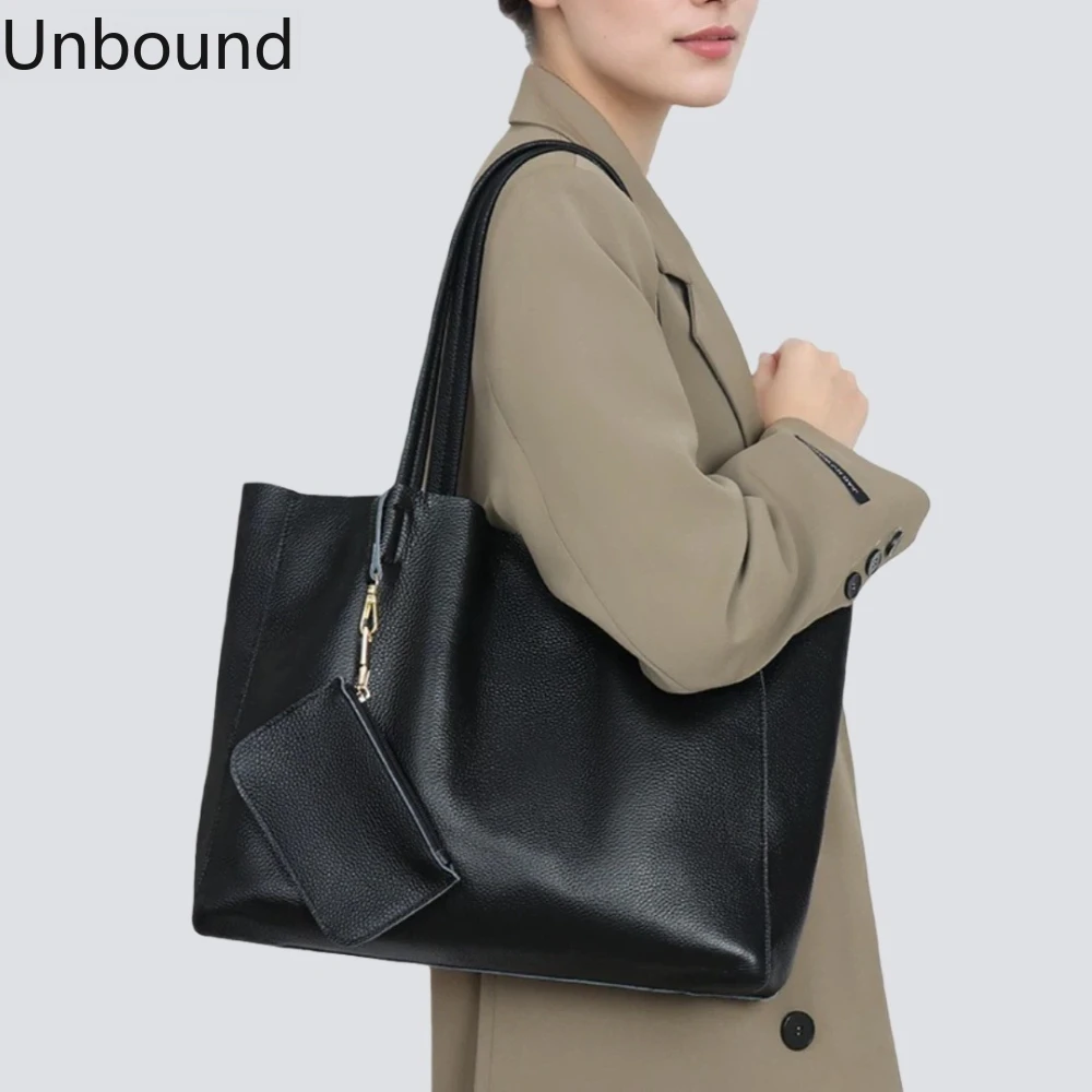 

New Ladies Top Grain Cowhide Tote Shoulder Large Capacity Commuter Hand Carry Light Luxury Genuine Leather Bag With Inner Pouch