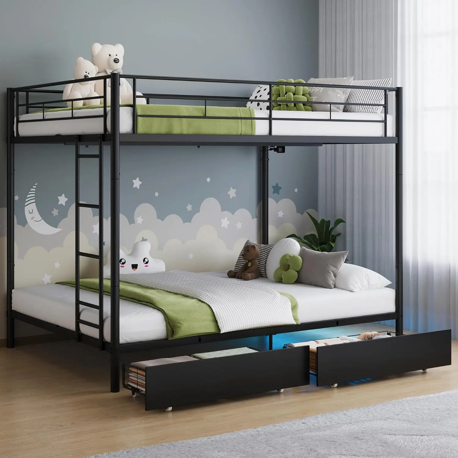 Twin Metal Bunk Bed with LED Lights, USB Charging, 2 Drawers, Guard Rails & Ladder, No Box Spring, Easy Assembly, Black, Customi