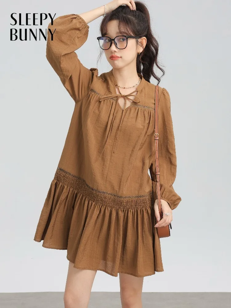 

Women Vintage Tie Neck V Neck Flowy Midi Dress Lady Elegant Ethnic Style Lantern Sleeve Waist Slimming Casual Early Spring Dress