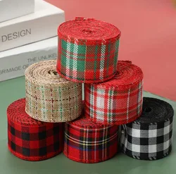 6M/Roll Vintage Imitation Hemp Ribbon Wire Christmas Decors Red Green Grid Linen Ribbons for DIY Crafts Bow Handmade Gift Wrap