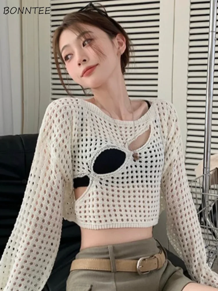 

Pullovers Women Hollow Out Hotsweet Knitted Fashion Ulzzang Korean Style Summer Simple All-match Classic Thin Vintage Ins Casual