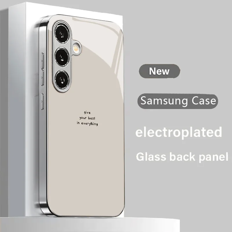 Ins white background style glass phone case suitable for Samsung Galaxy S26 S25 S24 S23 S22 S21 S20 FE/Ultra/Plus anti drop