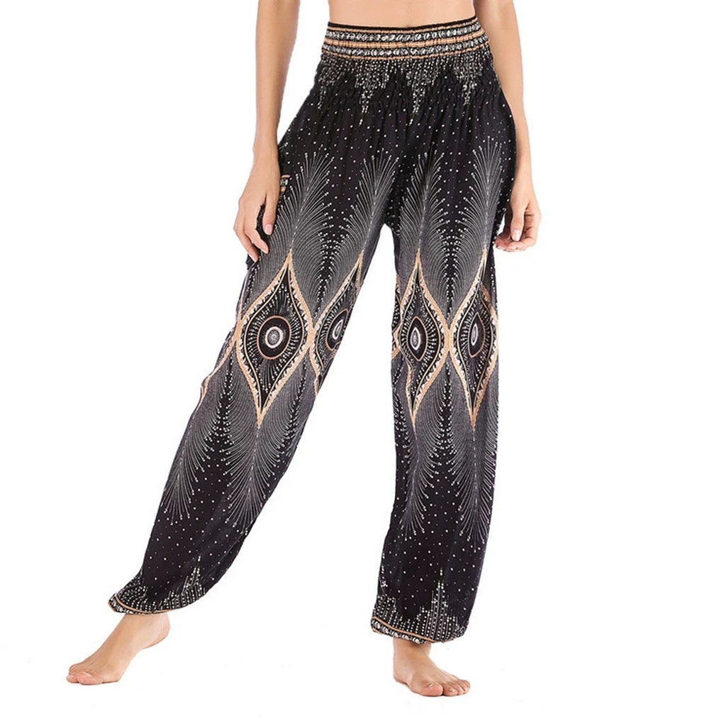 ผู้หญิงกางเกงโยคะ Bohemian Boho HippiePants Smocked การออกแบบการพิมพ์กางเกงหลวม Ouc3301