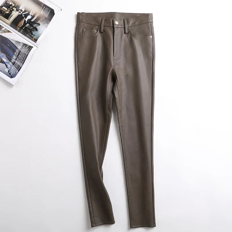 Tajiyane Genuine Leather Pants Women High Waist Spring Elastic Sheepskin Small Foot Pants Long Tight Slim Women Trousers FCY088