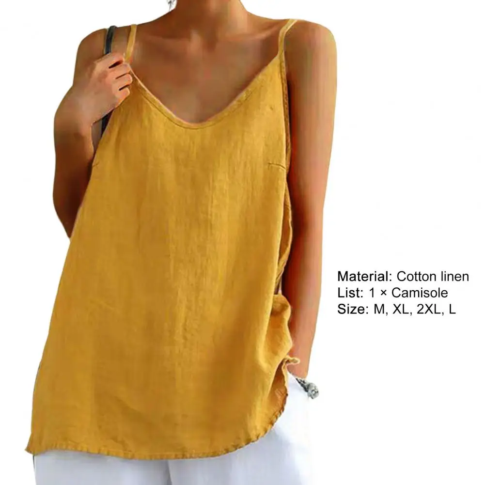 Women\'s Summer Top Cotton Linen Spaghetti Strap Top Women Halter V Neck Basic Yellow Sleeveless Tank Tops Loose Casual Camis топ