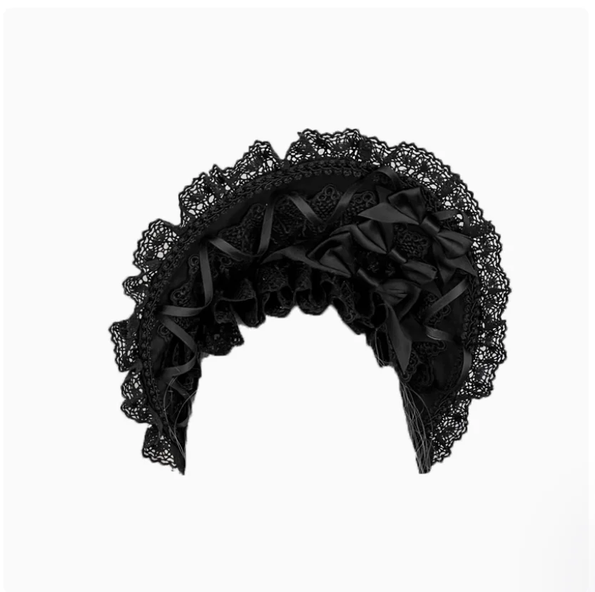 2025 Original Handmade Lolita Black Lace Bonnet Darkly Gothic Style Bnt Vintage Princess Sun Hat Woman Soft Wire Brim Headwear