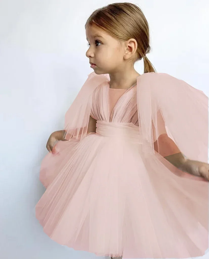 New Born Baby Girls Wedding Dress for Children Birthday Vestido 3-4 Years  Flutter Sleeve Pearl ButtonParty Gown Blush Costume - AliExpress 1501