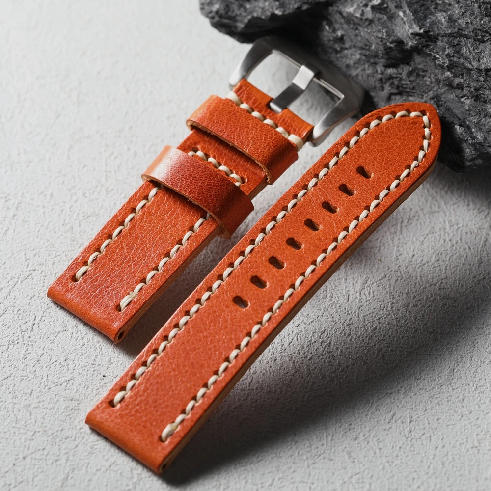 Handmade orange yellow 20MM 22MM 24MM 26MM thick leather strap with retro folding and no interlayer, suitable for PAM mechanical