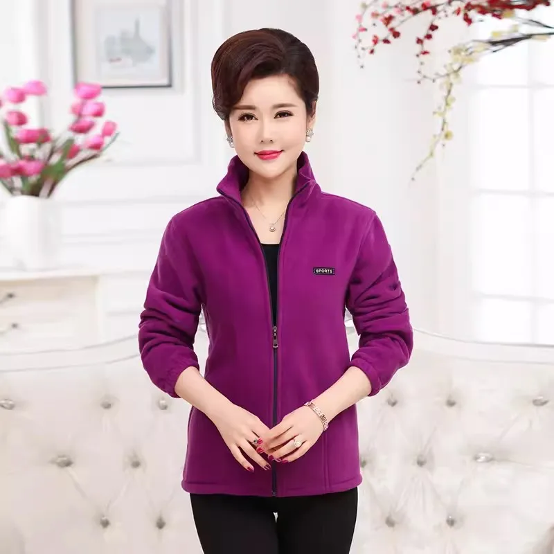 2024 New Autumn Mid-Aged Women Fleece Jacket 5XL Casual Stand Collar Warm Hoodie Jacket Zipper Outerwear Mother Winter Coat 3149