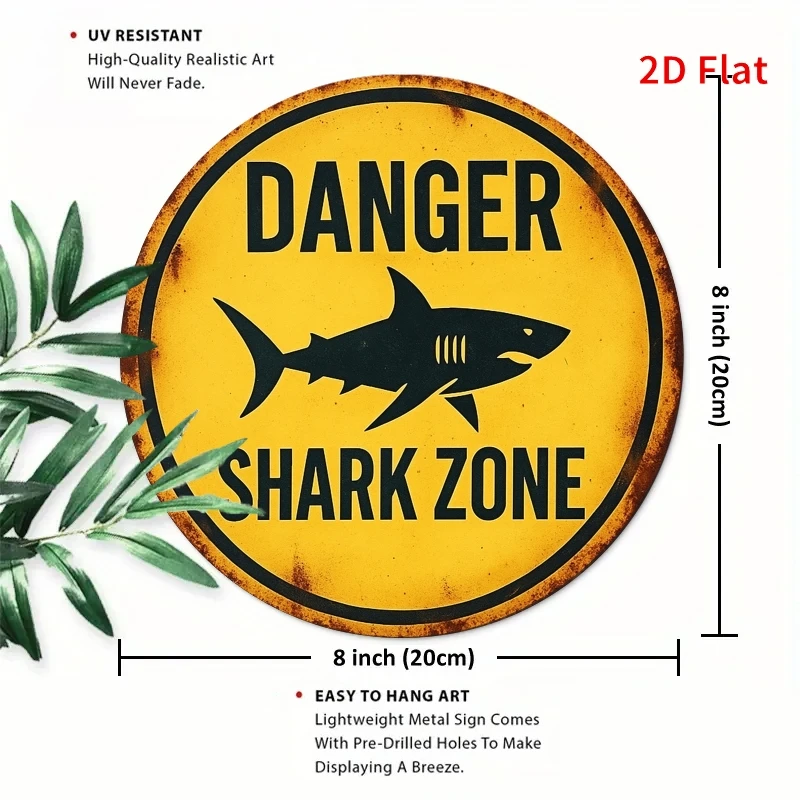2D Metal Sign Shark Danger Zone Warning - Vintage Shark Attack Decoration, Black Letter Yellow Background, for Home Office Cafe