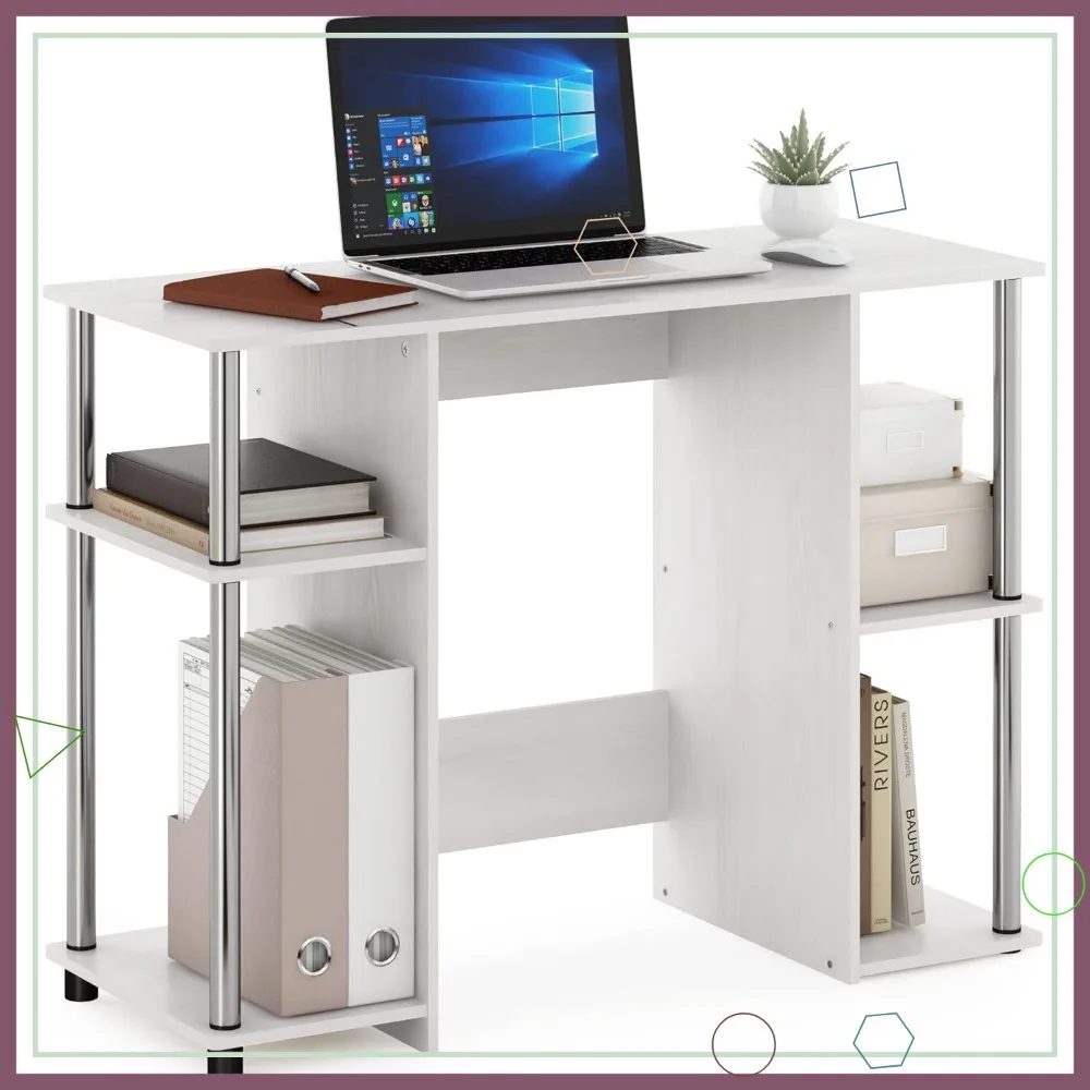 

Компактный компьютерный стол с полками для хранения, отделкой из белого дуба и рамой из нержавеющей стали для домашнего офиса или игр