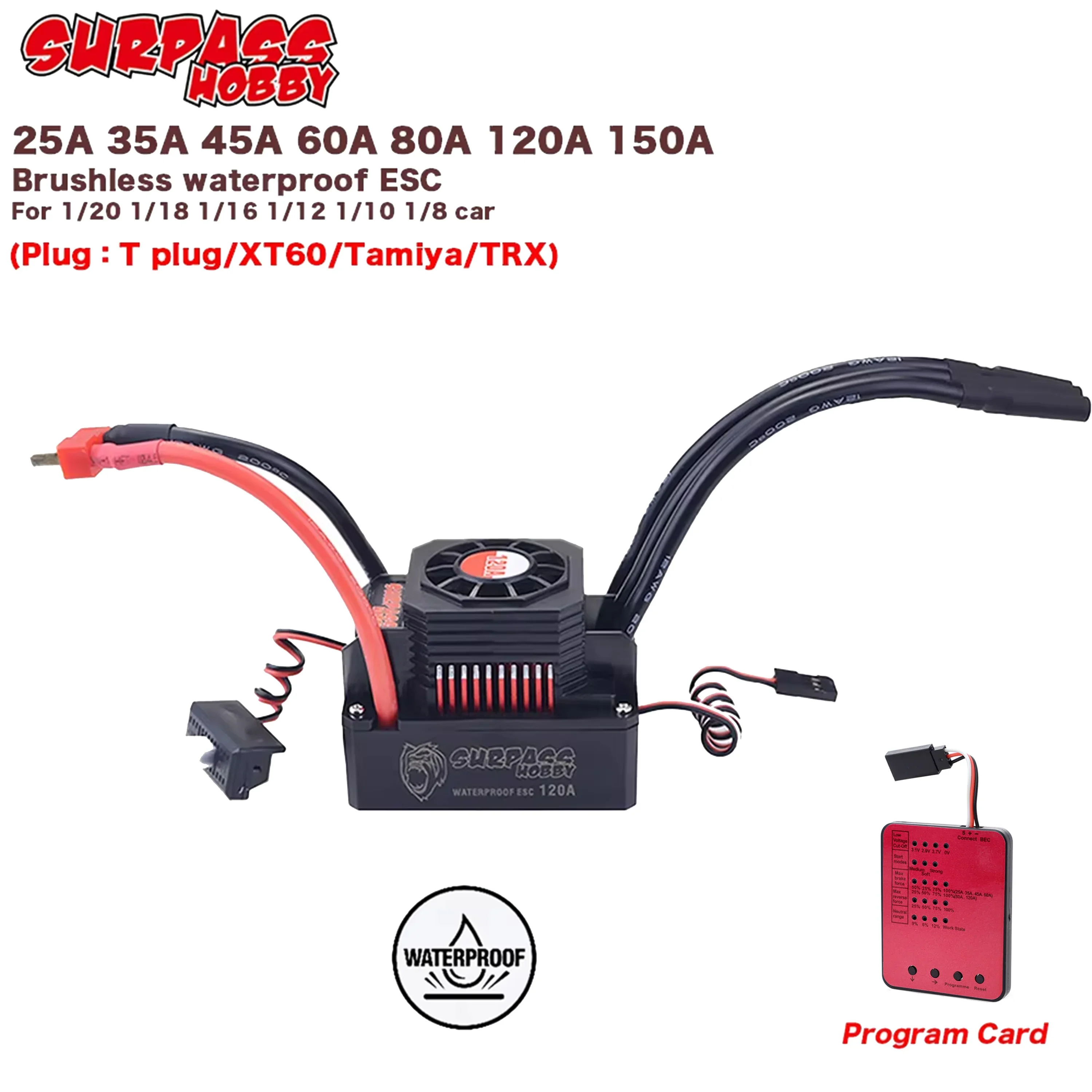 SURPASS HOBBY KK 150A 120A 80A 60A 45A 35A 25A T/XT60Plug Waterproof ESC for 1/8 1/10 1/12 1/14 1/16 1/20 RC Brushless Motor