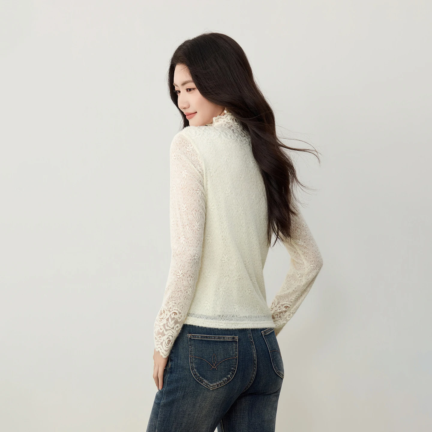 SENTUBILA Women's Long Sleeve Tops 2026 Winter Embossed Floral Lace Blouse Mock Neck Velvety Touch Elegant Clothing W64SA8940