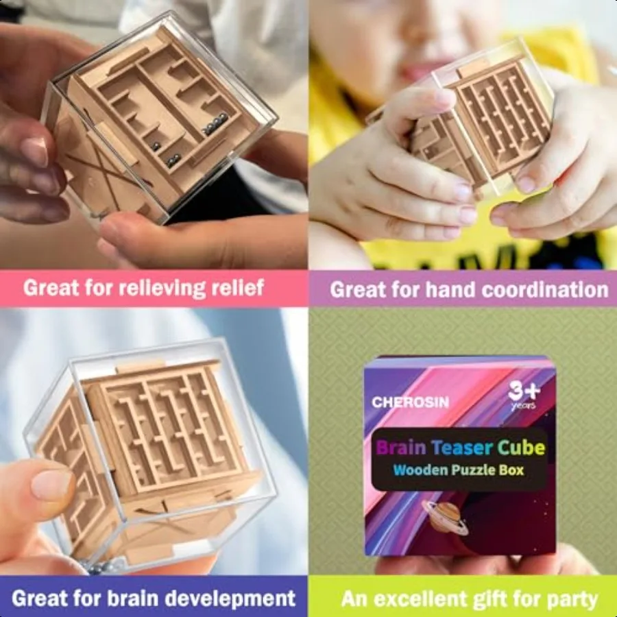 Fidget Puzzle Cube for and Adults 6Sided Wooden Puzzle Game Fidget Toy for Anxiety Relief Handheld Maze Cube for Travel 3D Brai