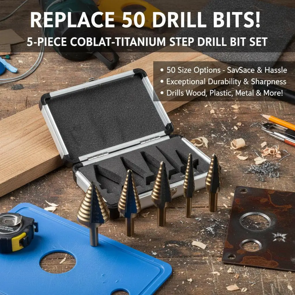 Step Drill Bit Set 50 Sizes In 5 Bits Cobalt Titanium Coated HSS Conical Drill Metal Hole Cutter For Stainless Steel Sheet Metal Hardwood Plastic Dual Flute Design With Aluminum Case Storage Industrial Grade Professional Multi Use Versatile Cutting Tool