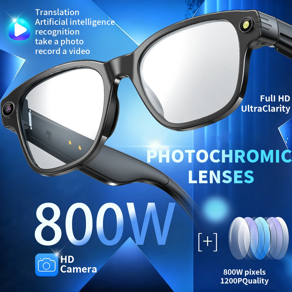 LIGE HD 800W Camera Glasses 1200P Video Recorder AI Recognition Translation Smart Glasses Calling Sunglasses Photochromic Lenses