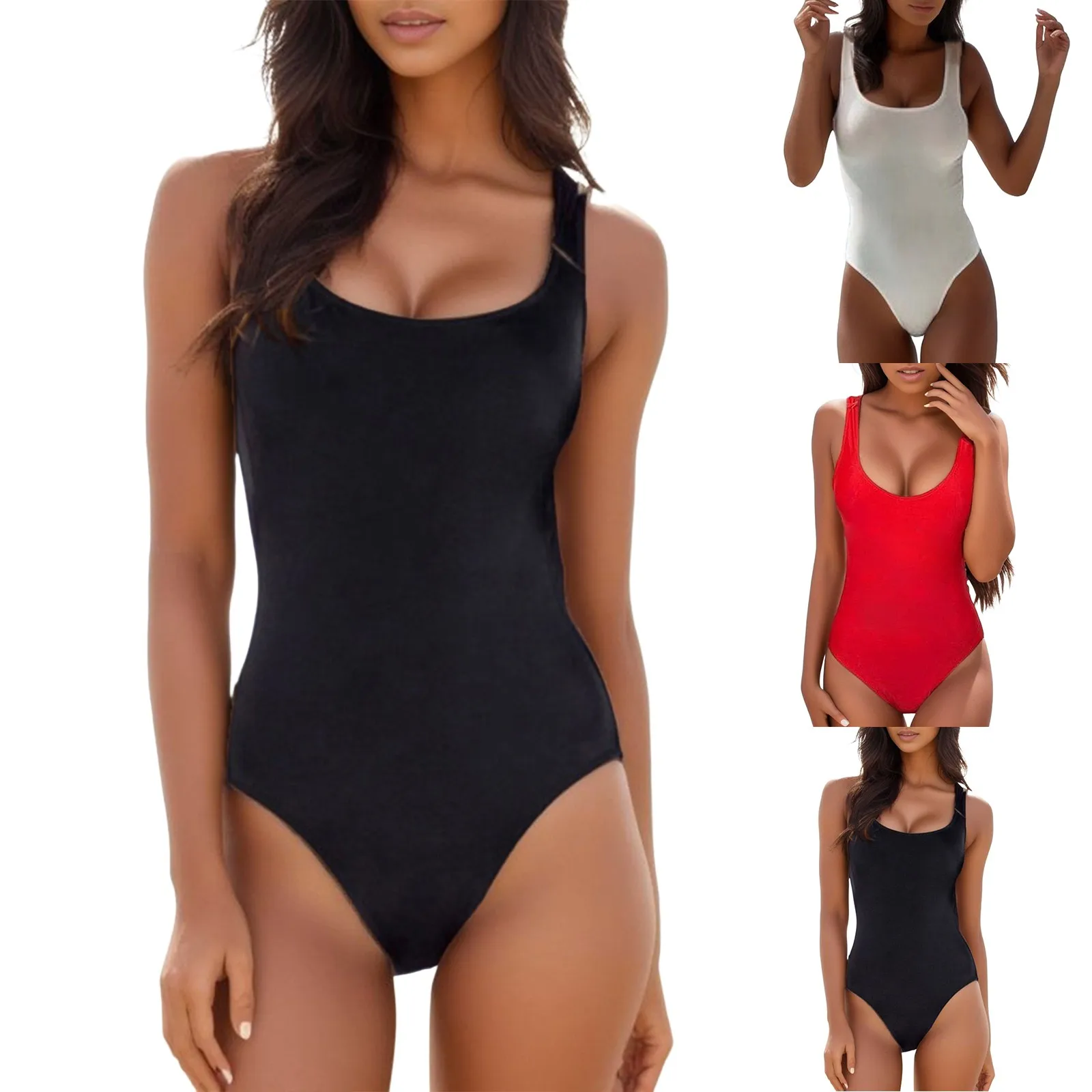 Women\'s Solid Color Triangle Jumpsuit Swimsuits Elastic Retro One Piece Bathing Suits U Neck Slim Fitting Swimwears One Pieces