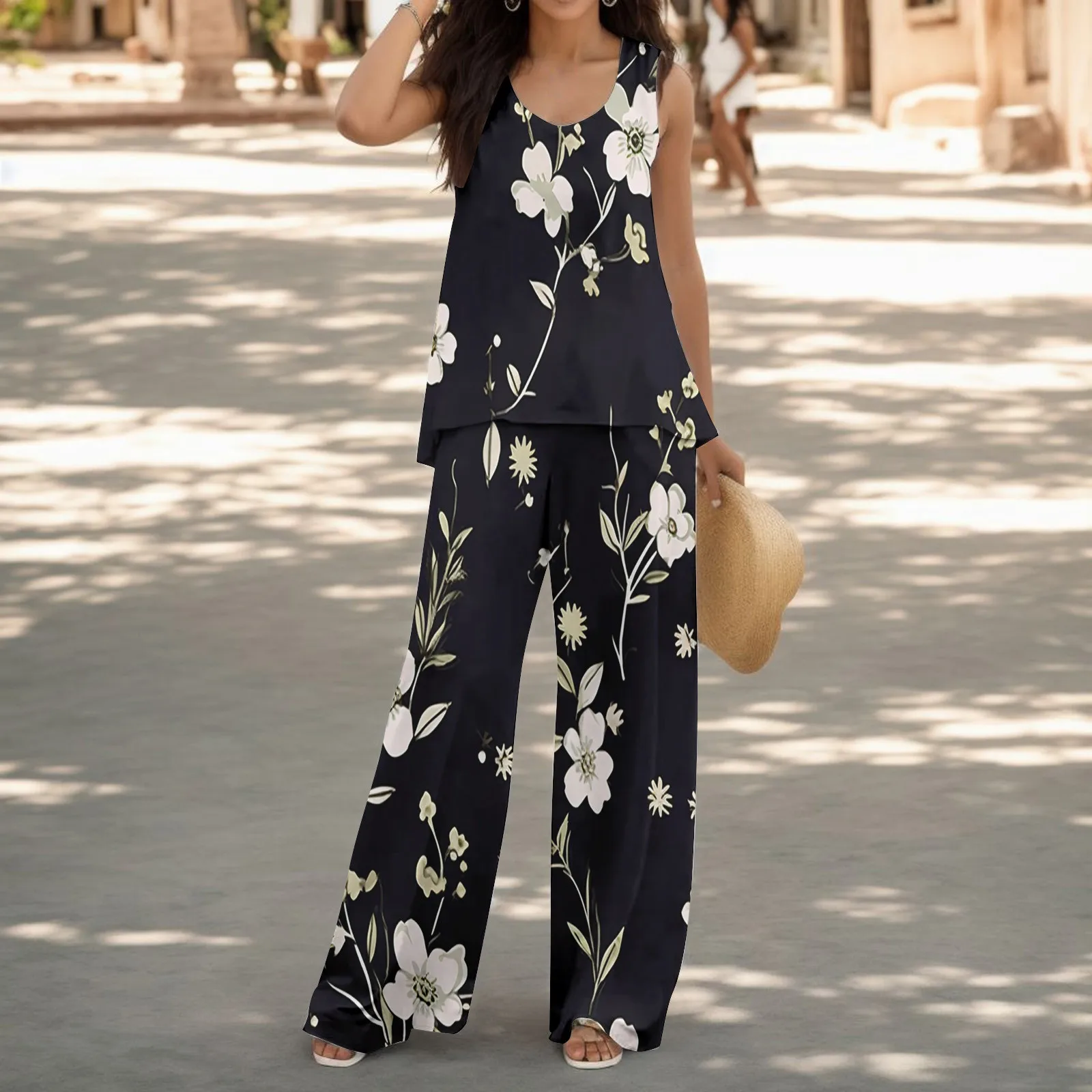 

Women Boho Two Pieces Set Causal Sleeveless Tank Tops Wide Leg Pants Flower Print Loose Outfits 2023 Ladies Office Suits Summer