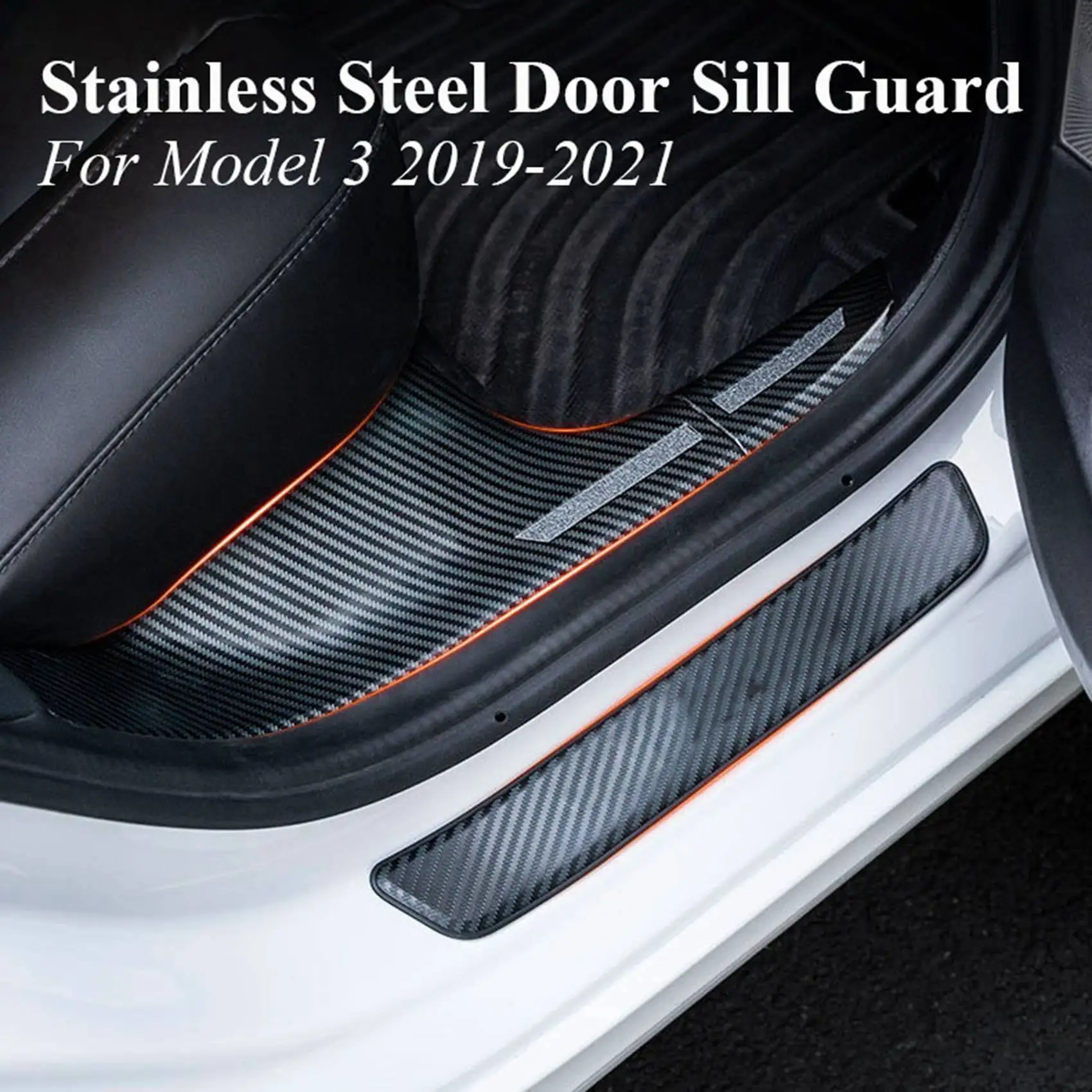 Car Door Sill Protector Stainless Steel Door Sill Guard Welcome Pedal for Tesla Model 3 2019-2021, Carbon Fiber