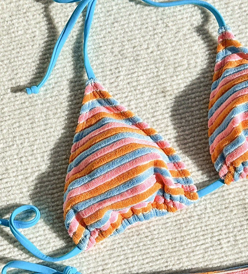 Sexy triângulo biquíni 2026 feminino colorido listrado biquinis dividir maiô verão rendas até maiô beachwear