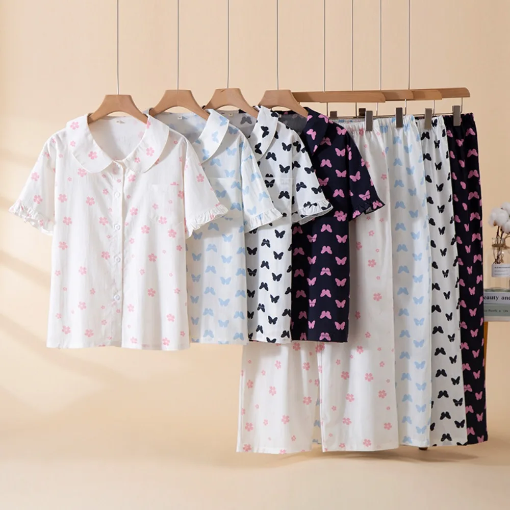 

Summer Wear 2-Piece New Short Sleeve Button Down Top Pajamas Sleepwear Women's Cotton Female Clothing Cotton Loungewear Pijama
