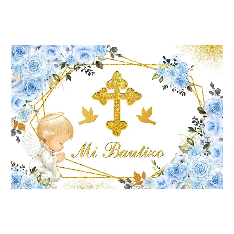 Avezano First Communion Baptism การถ่ายภาพพื้นหลังดอกไม้กางเขนทองคำ God Bless Mi Bautismo ฉากหลังตกแต่งภาพ