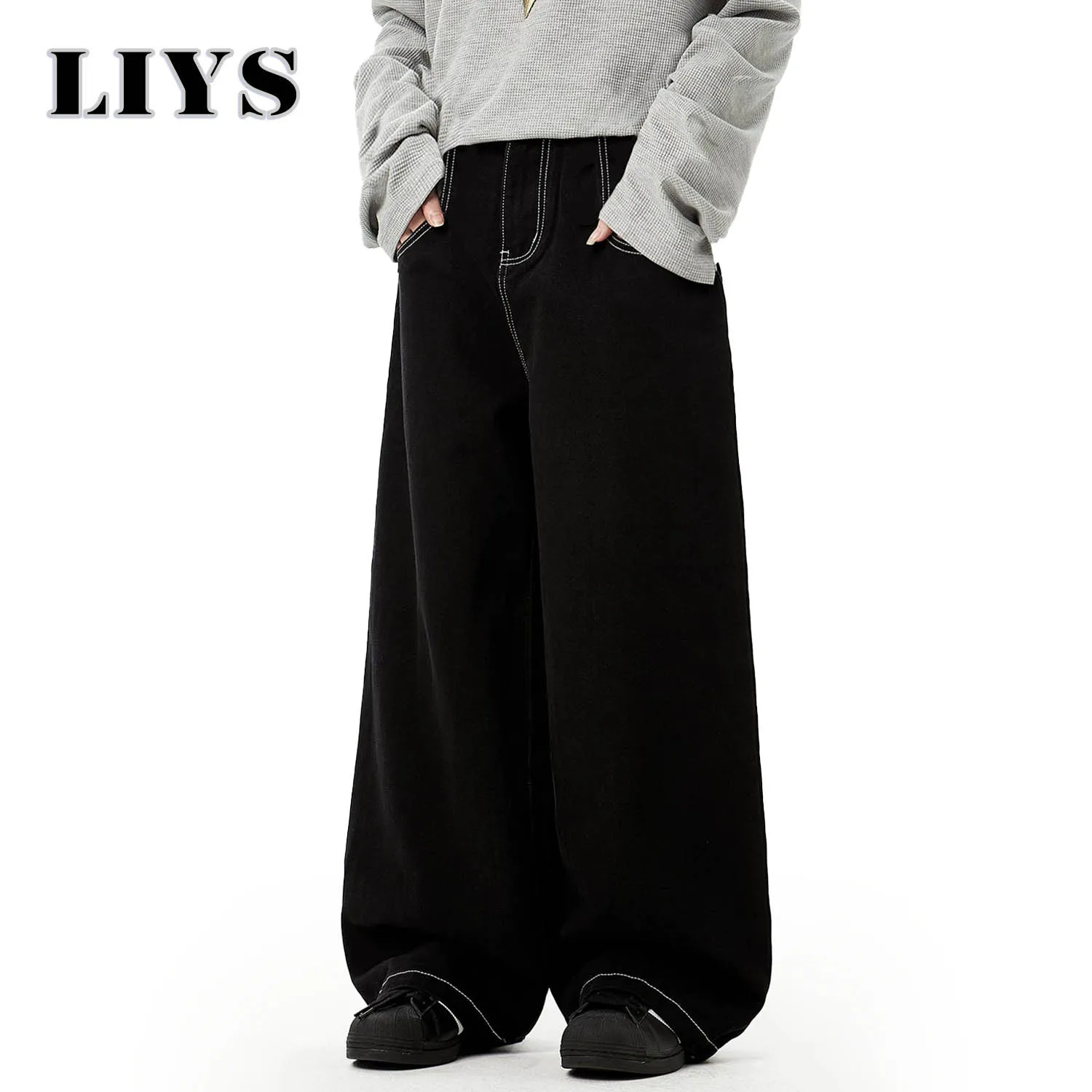 الخريف الرجال الرجعية الأسود فضفاض واسعة الساق الجينز الأمريكية الأساسية للجنسين فضفاض اليومية عارضة الدنيم السراويل النسائية الجينز الأسود مكدسة #2