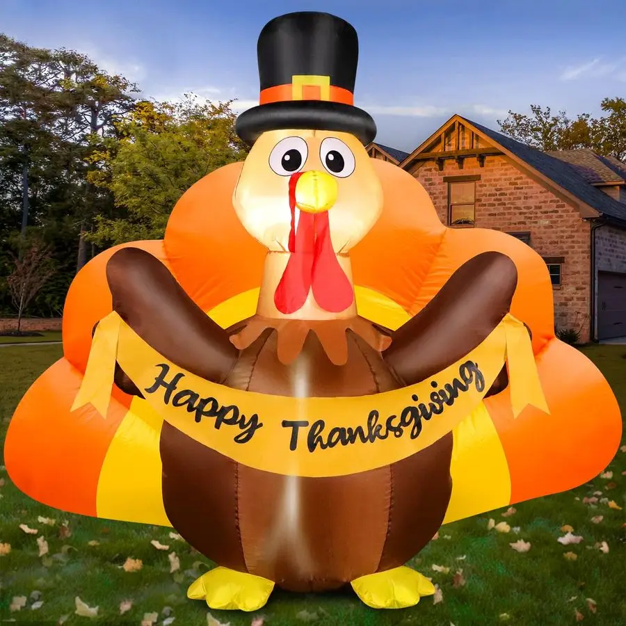 

Thanksgiving Inflatables Turkey Outdoor Decorations with Builtin LED Lights, 4.5FT Tall Blow Up Turkey with Pilgrim Hat and Colo