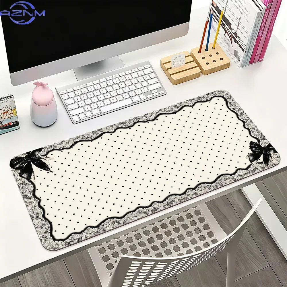 Vintage White Polka Dot Lace Bow Extended Mousepad, Non-Slip Rubber Base Large Desk Mat, Smooth Surface for Gaming Office Deskto