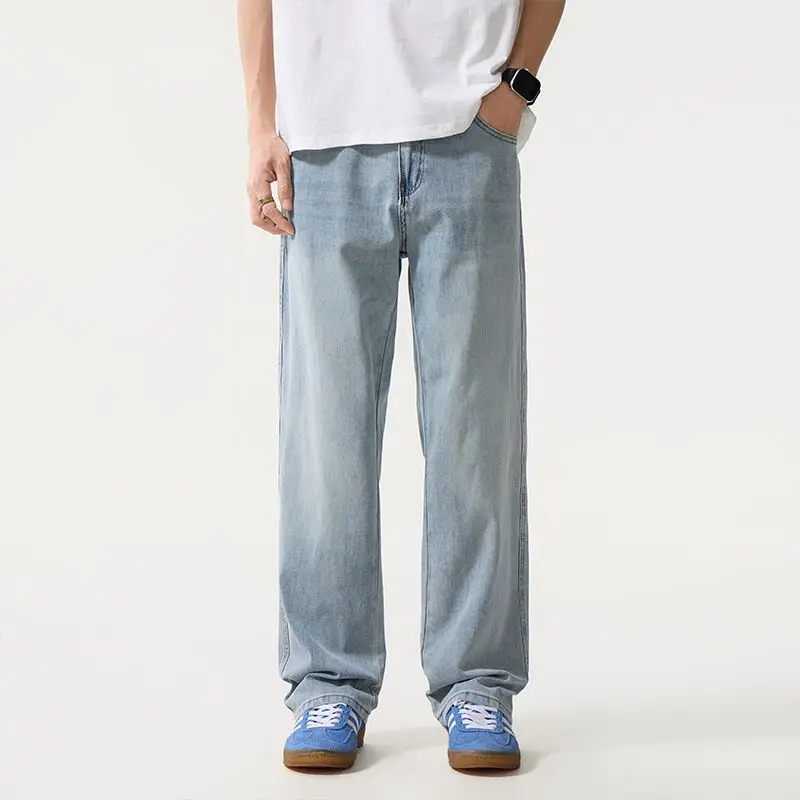 Summer New Ultra-Thin Four-Way Stretch Blue Light Luxury Simple Mid-Straight Denim Jeans Men's Loose Casual Long Pants