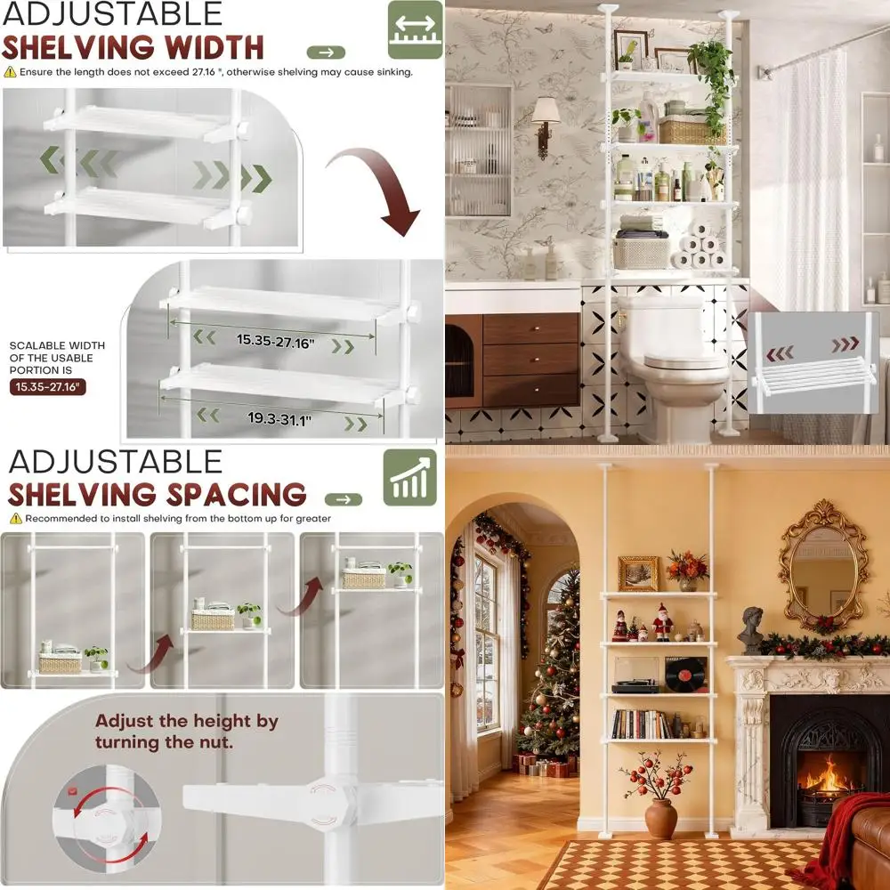 

Adjustable 4-Tier Over Toilet Storage Shelf, 64-124in H x 15-27in W, No Drill Tension Mount, White Space-Saving Bathroom Organiz